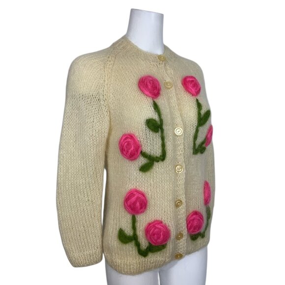 Vintage Wool Mohair Cardigan Sweater S Cream Floral Italy - Picture 4 of 14
